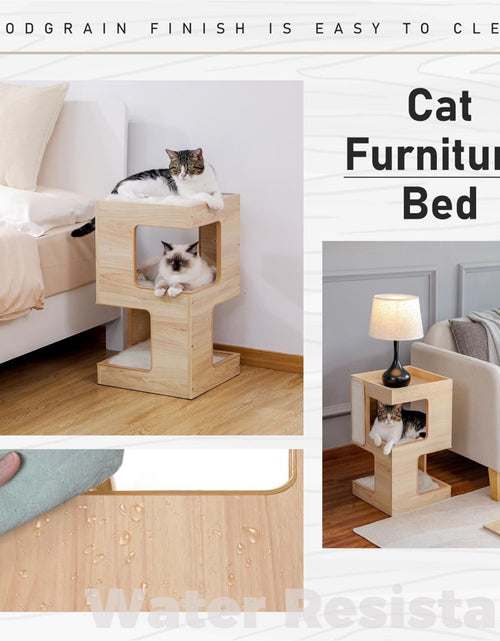 Load image into Gallery viewer, 23&quot; Wood Cat House Furniture for Indoor Cats, Modern Cat Tree Tower Bed with Free Cat Toy, Scratching Pad and Removable Soft Mats, Small Cat Condo, Beige
