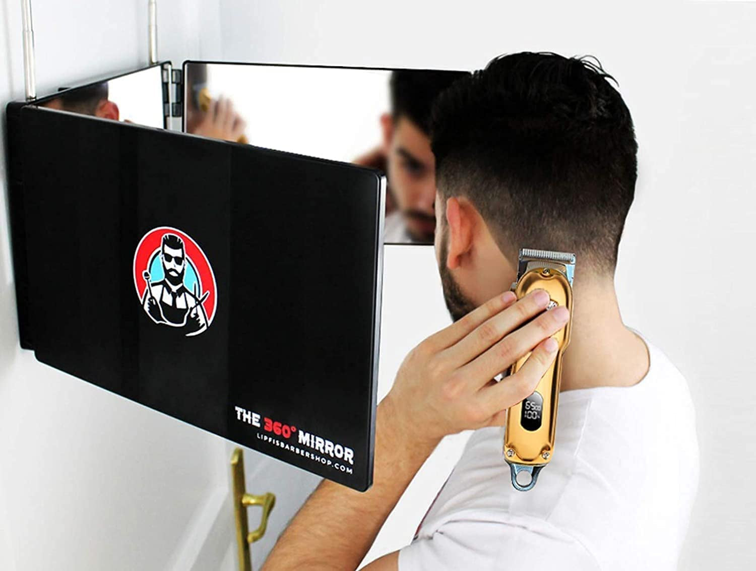 The 360 Mirror - Adjustable Door Mount Telescoping Hooks - Self Haircut Mirror for Men - 3 Way Mirror for Hair Cutting