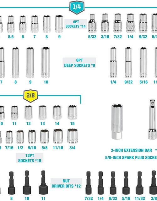 Load image into Gallery viewer, 93 Piece Mechanics Tool Set, SAE/ Metric Drive Socket Set(1/4 Inch and 3/8 Inch) with Ratchet Handle Spark Plug Magnetic Bit Driver and Tool Accessories Set
