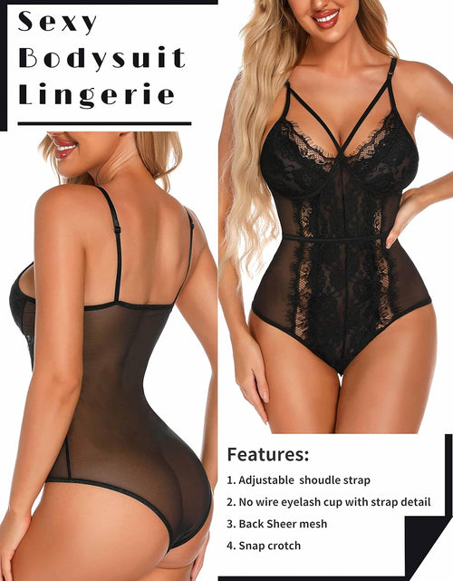 Load image into Gallery viewer, Women Sexy Eyelash Lace Bodysuit Snap Crotch Teddy Lingerie
