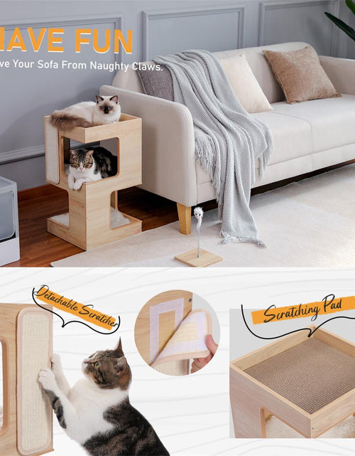 Load image into Gallery viewer, 23&quot; Wood Cat House Furniture for Indoor Cats, Modern Cat Tree Tower Bed with Free Cat Toy, Scratching Pad and Removable Soft Mats, Small Cat Condo, Beige
