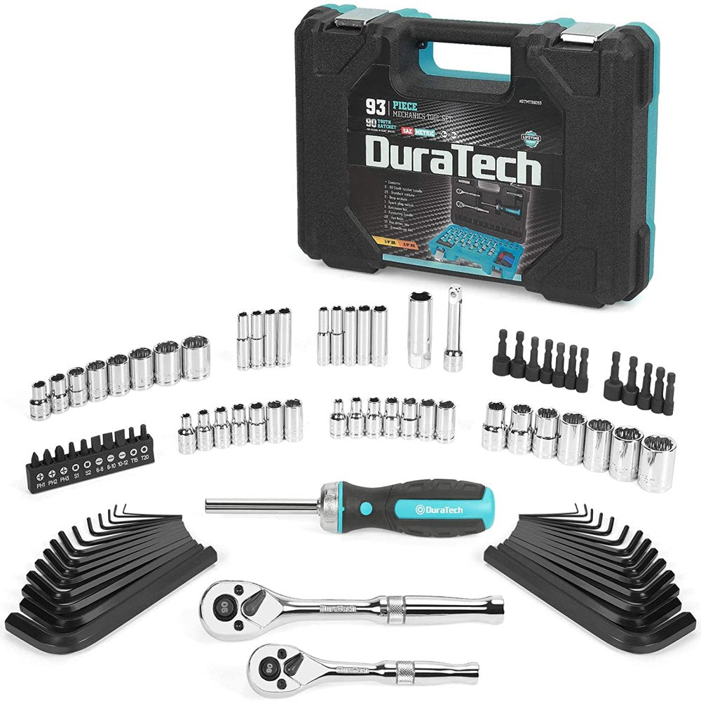 93 Piece Mechanics Tool Set, SAE/ Metric Drive Socket Set(1/4 Inch and 3/8 Inch) with Ratchet Handle Spark Plug Magnetic Bit Driver and Tool Accessories Set