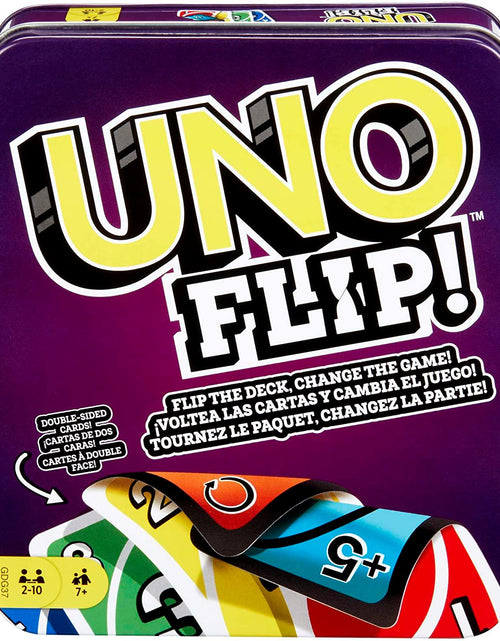 Load image into Gallery viewer, UNO FLIP! Family Card Game, with 112 Cards in a Sturdy Storage Tin, Makes a Great Toy for 7Y+ and up UNO FLIP! Family Card Game, with 112 Cards in a Sturdy Storage Tin (Amazon Exclusive)
