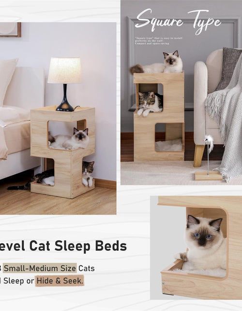 Load image into Gallery viewer, 23&quot; Wood Cat House Furniture for Indoor Cats, Modern Cat Tree Tower Bed with Free Cat Toy, Scratching Pad and Removable Soft Mats, Small Cat Condo, Beige
