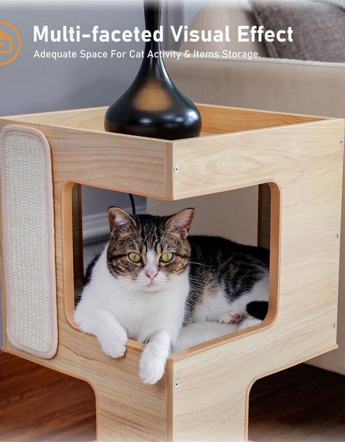 Load image into Gallery viewer, 23&quot; Wood Cat House Furniture for Indoor Cats, Modern Cat Tree Tower Bed with Free Cat Toy, Scratching Pad and Removable Soft Mats, Small Cat Condo, Beige
