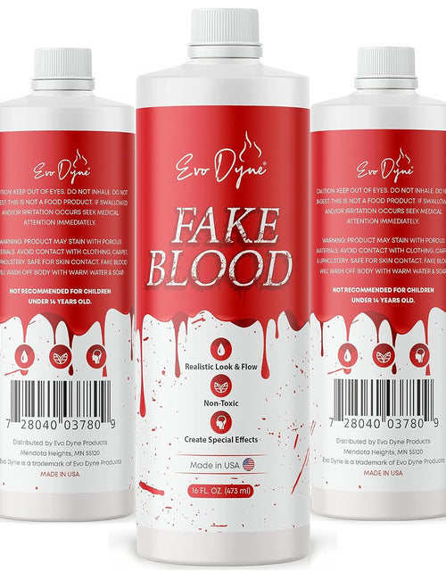 Load image into Gallery viewer, 3-Pack  Fake Blood (16 FL OZ), Made in USA | Halloween Vampire Blood Bottle for Costumes Including Zombie, Vampire and Other Dress up Needing a Gory Scene - Looks &amp; Feels like Real Blood
