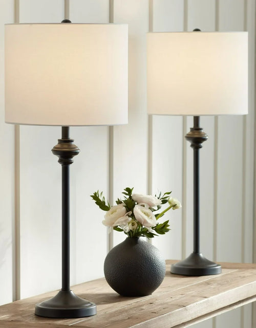 Load image into Gallery viewer, Lynn 26&quot; Tall Skinny Buffet Modern Table Lamps Set of 2 Black Metal White Shade Living Room Bedroom Bedside House
