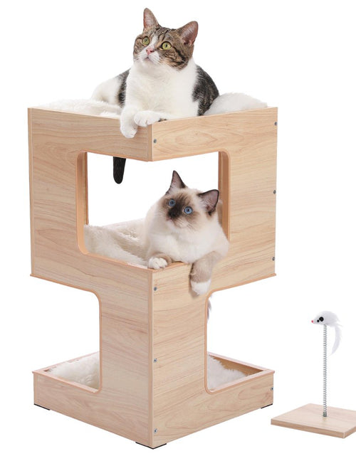 Load image into Gallery viewer, 23&quot; Wood Cat House Furniture for Indoor Cats, Modern Cat Tree Tower Bed with Free Cat Toy, Scratching Pad and Removable Soft Mats, Small Cat Condo, Beige
