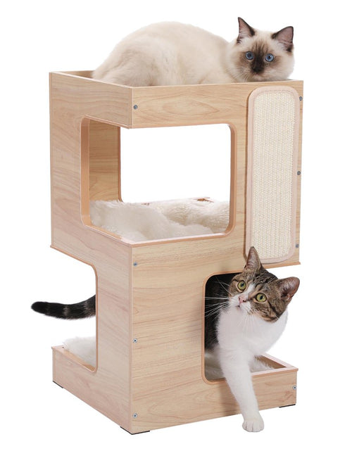 Load image into Gallery viewer, 23&quot; Wood Cat House Furniture for Indoor Cats, Modern Cat Tree Tower Bed with Free Cat Toy, Scratching Pad and Removable Soft Mats, Small Cat Condo, Beige
